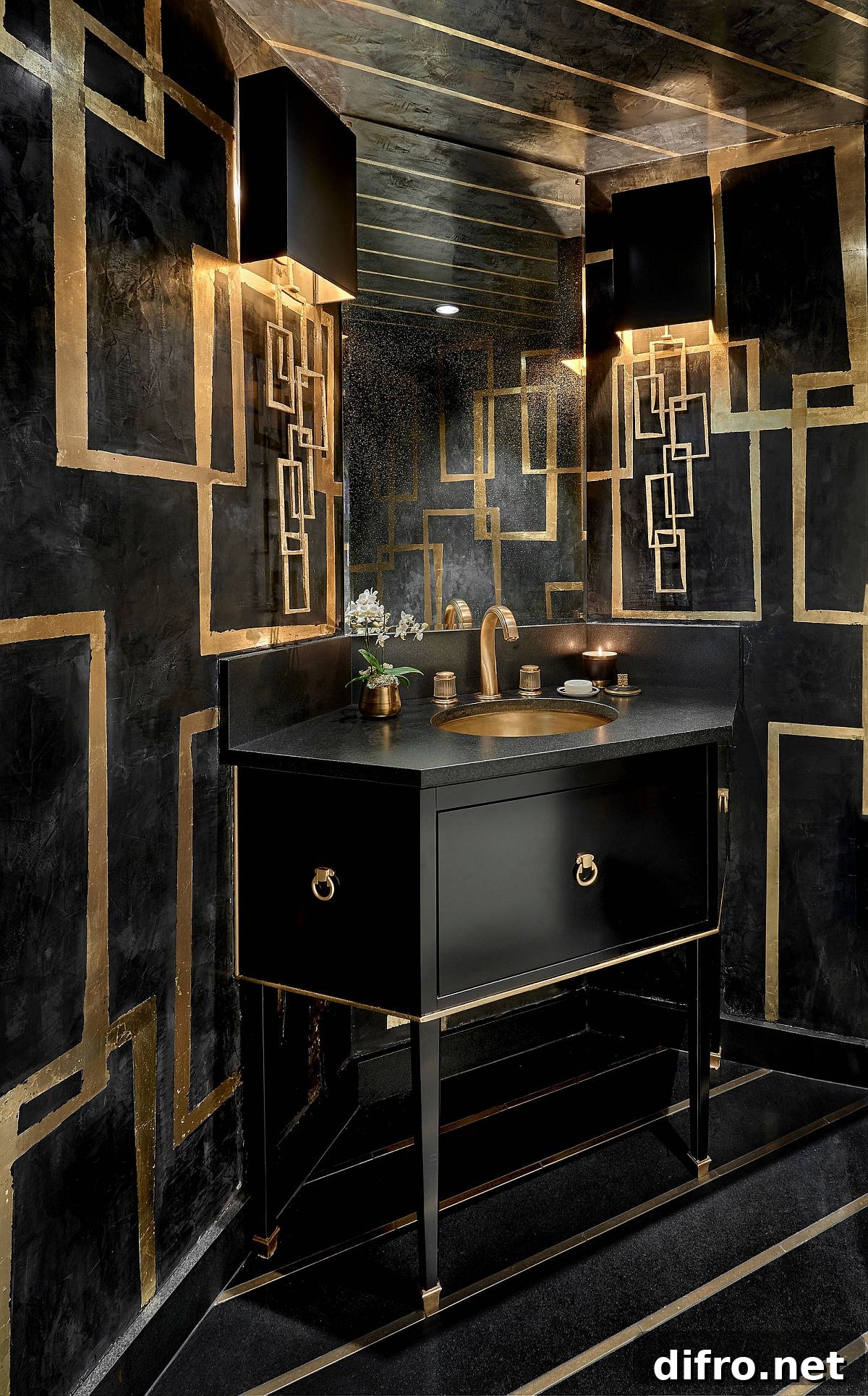 Black powder room with gold accents