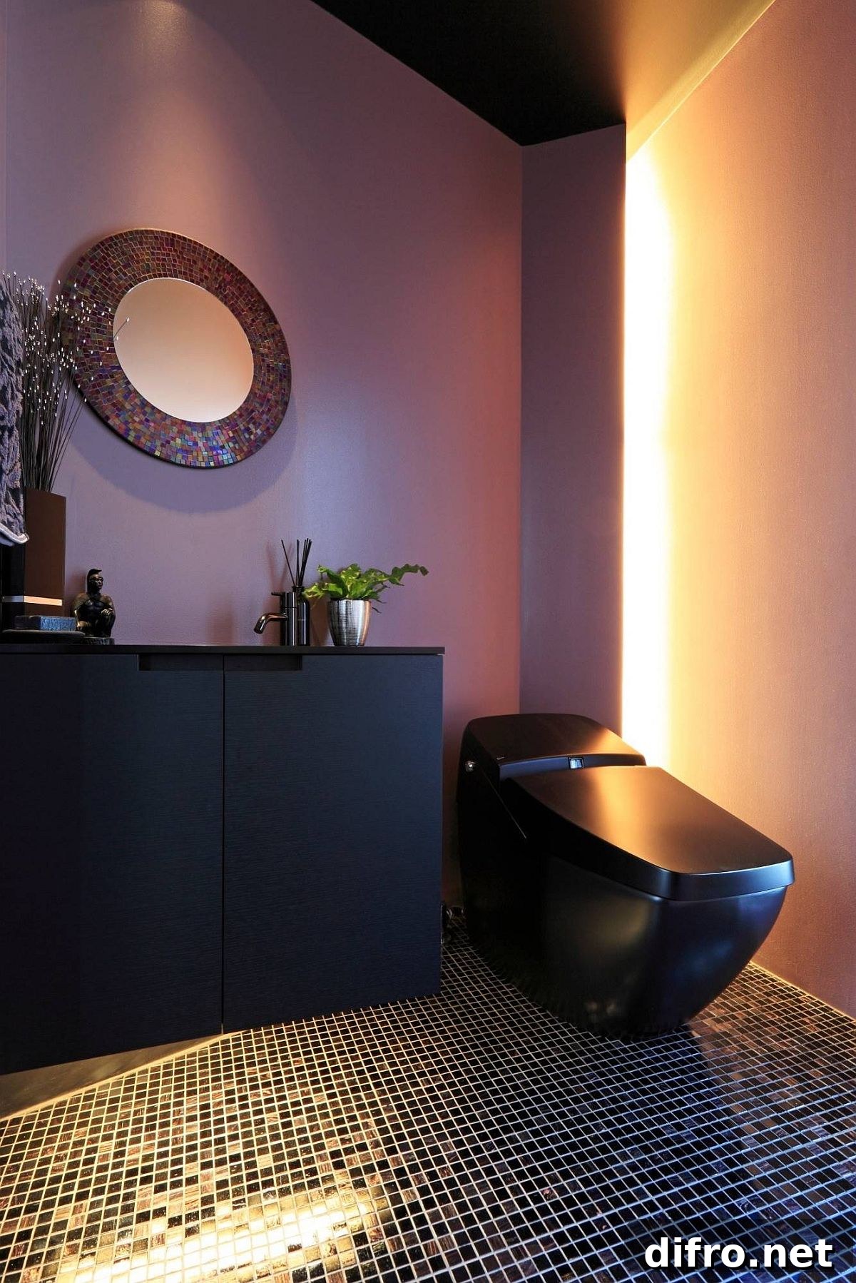 Black and purple combined in a spacious powder room