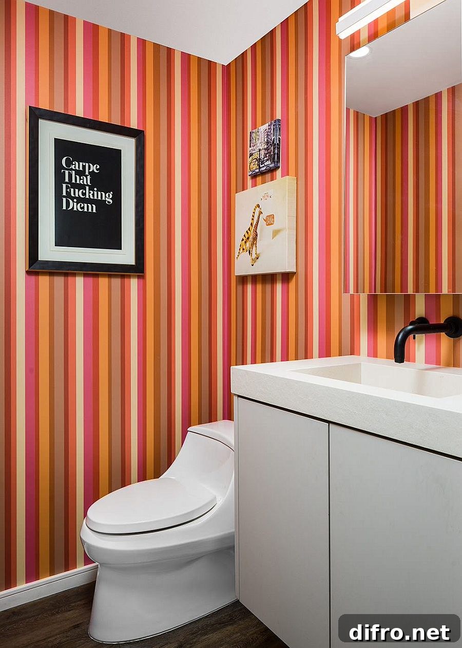 Multi-colored stripes brighten a small powder room