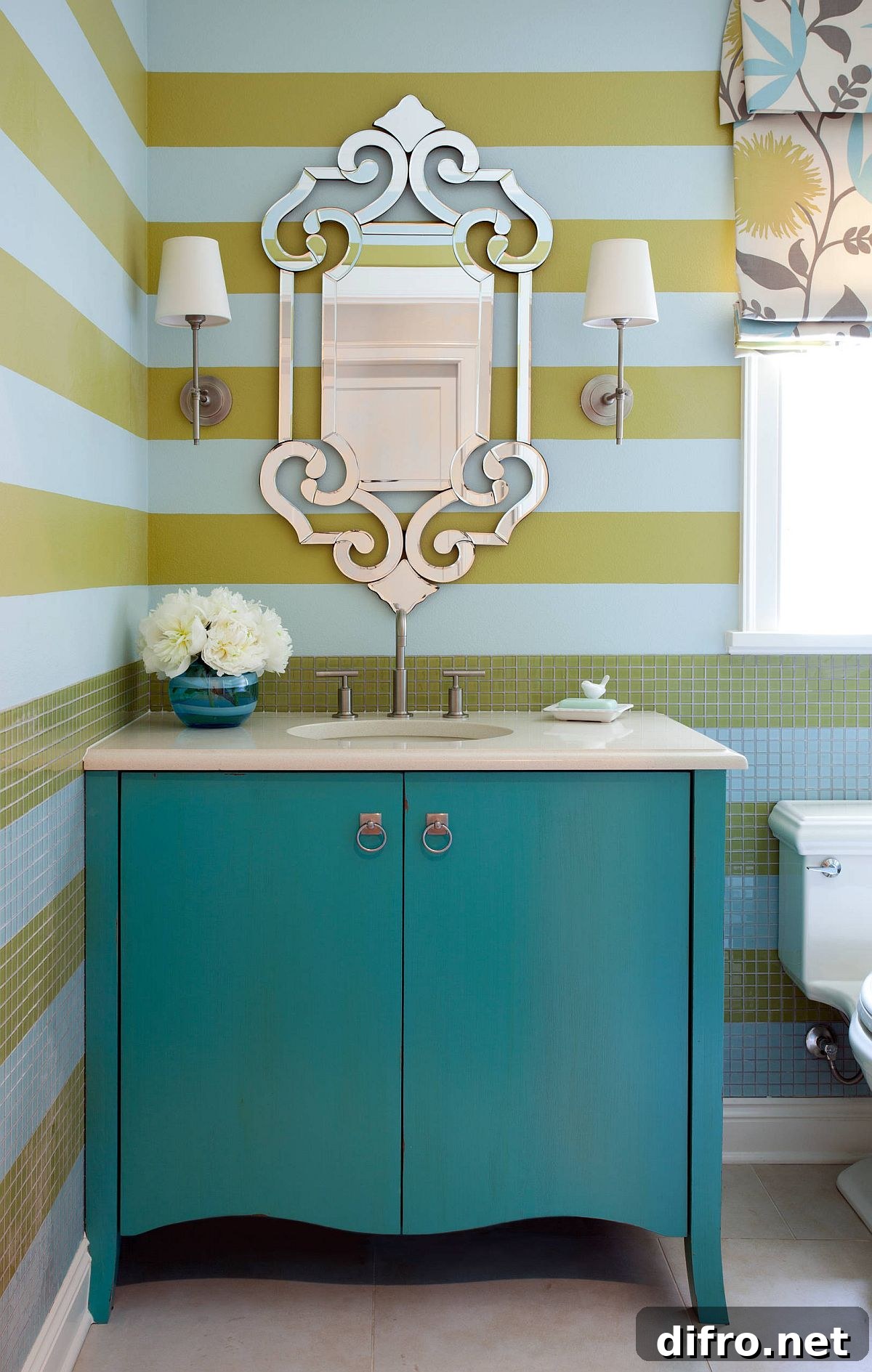 Yellow and blue stripes as a powder room backdrop