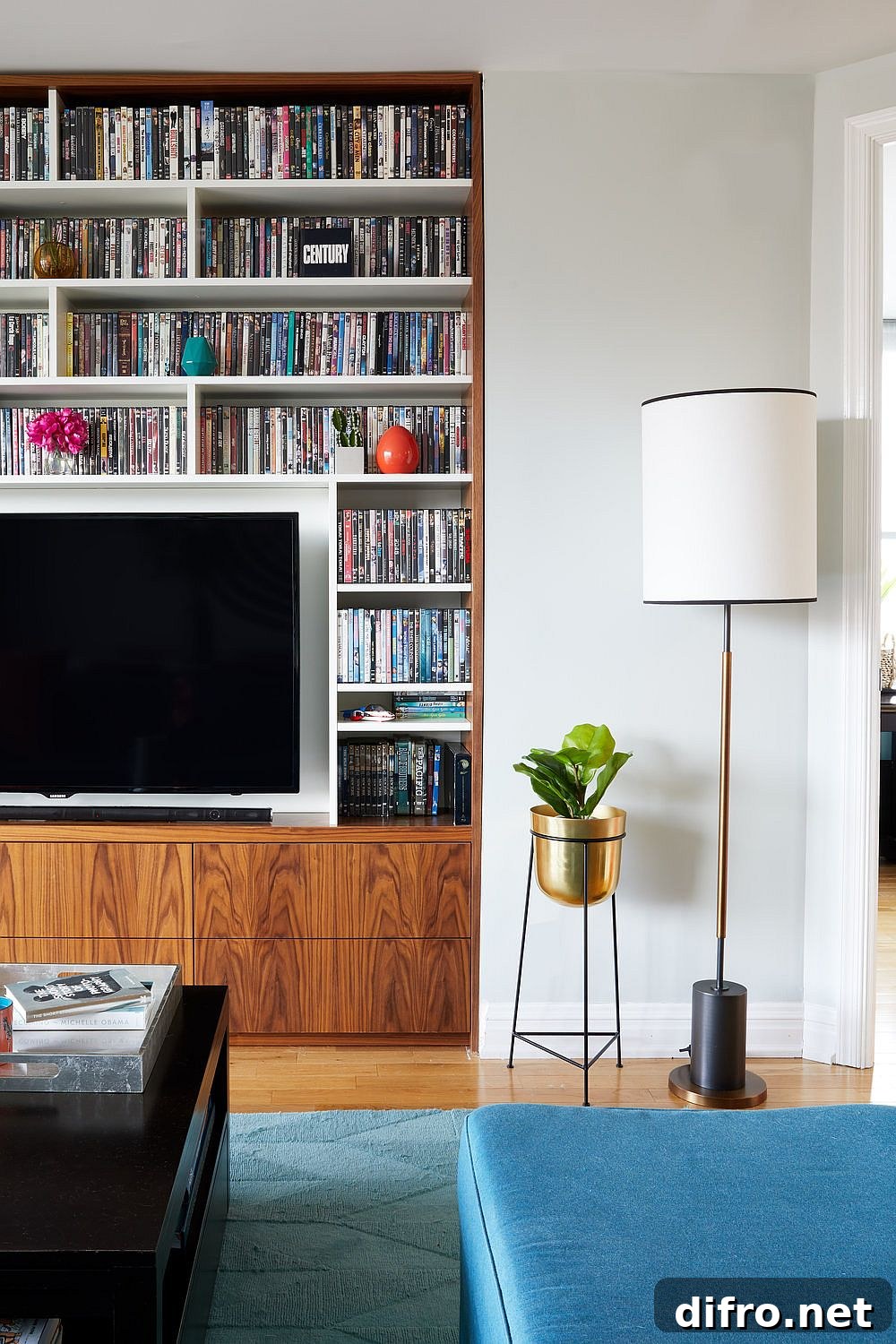 TV and shelving unit form a focal wall