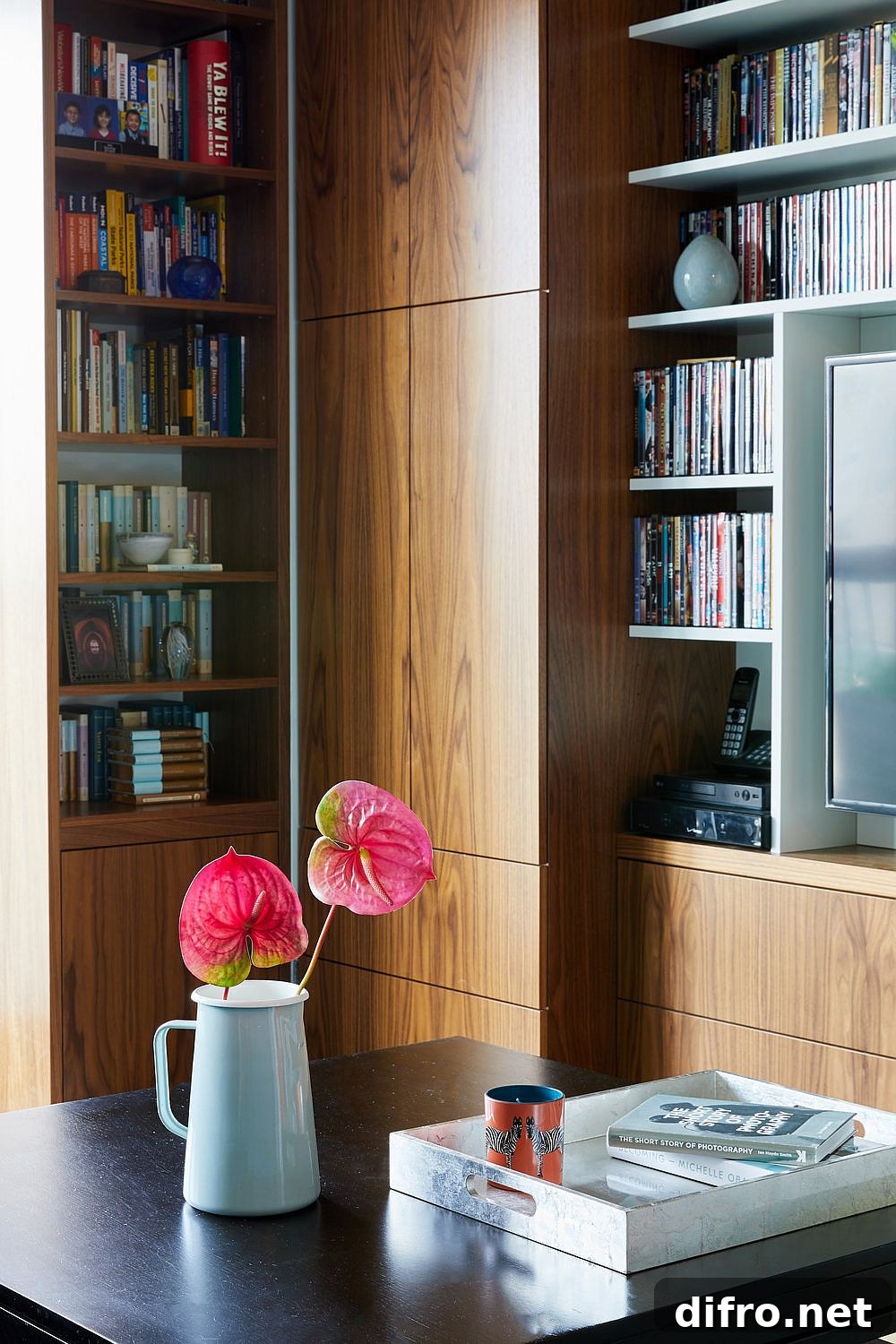Coffee table styling in a contemporary living room