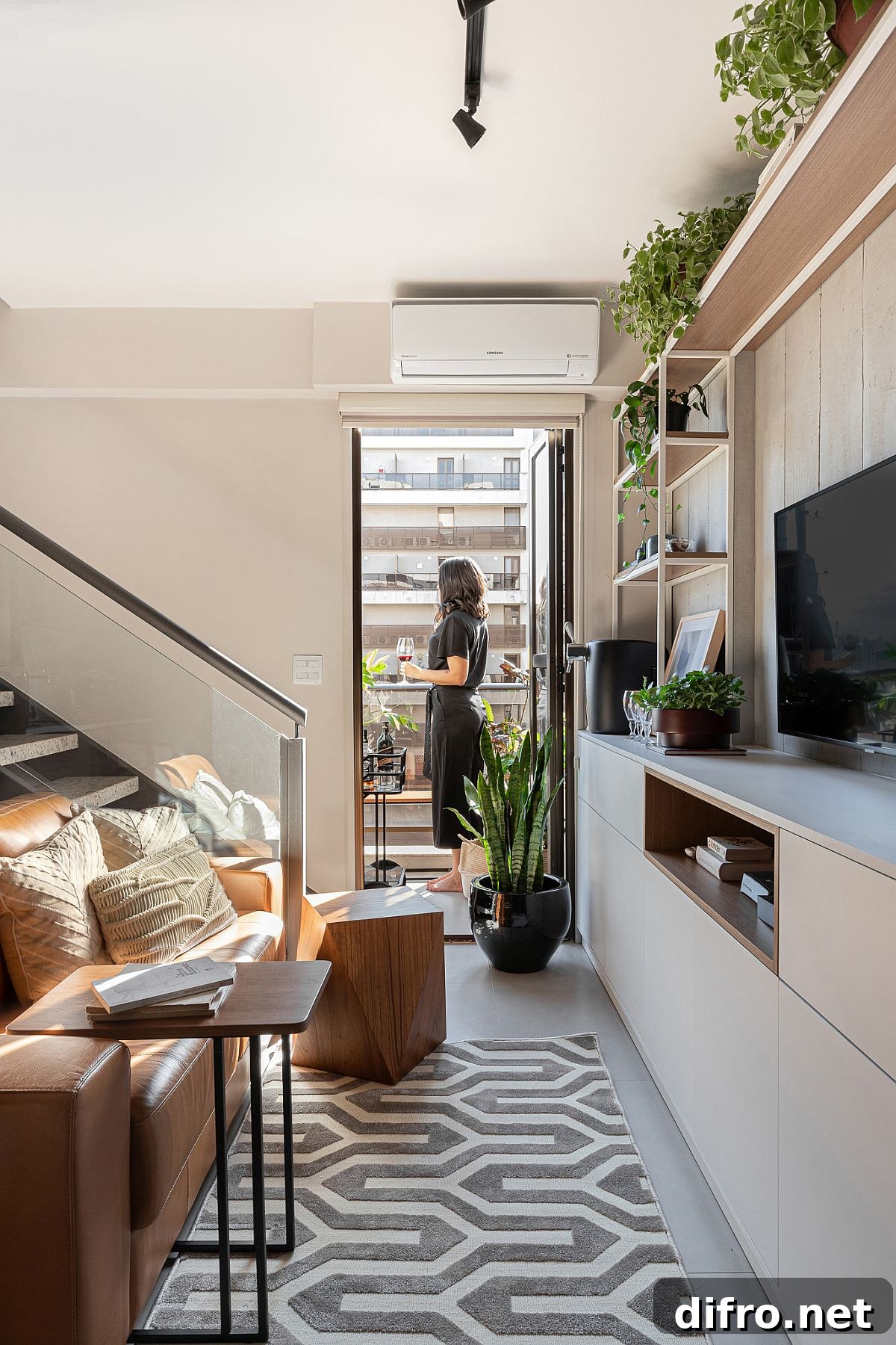 Couch in the living area anchors the space and gives it a direction