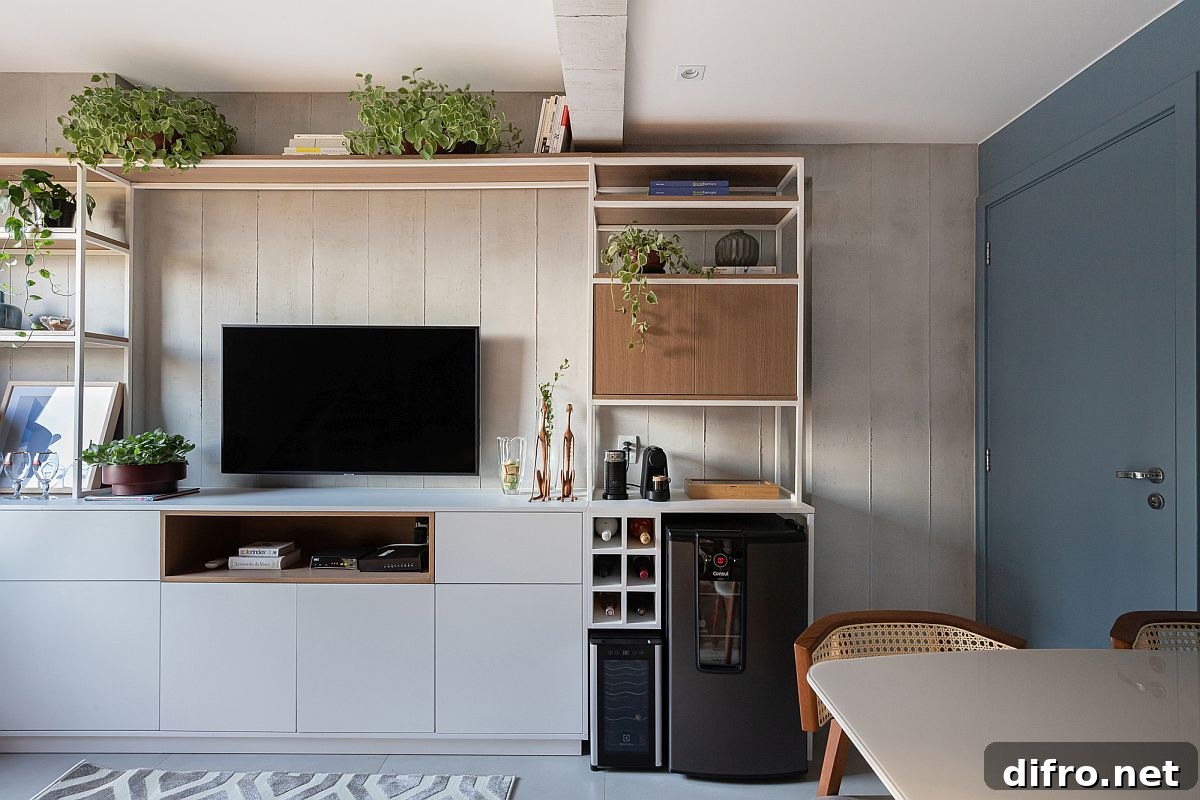 Wood and metal bookcase with TV and beverage appliances