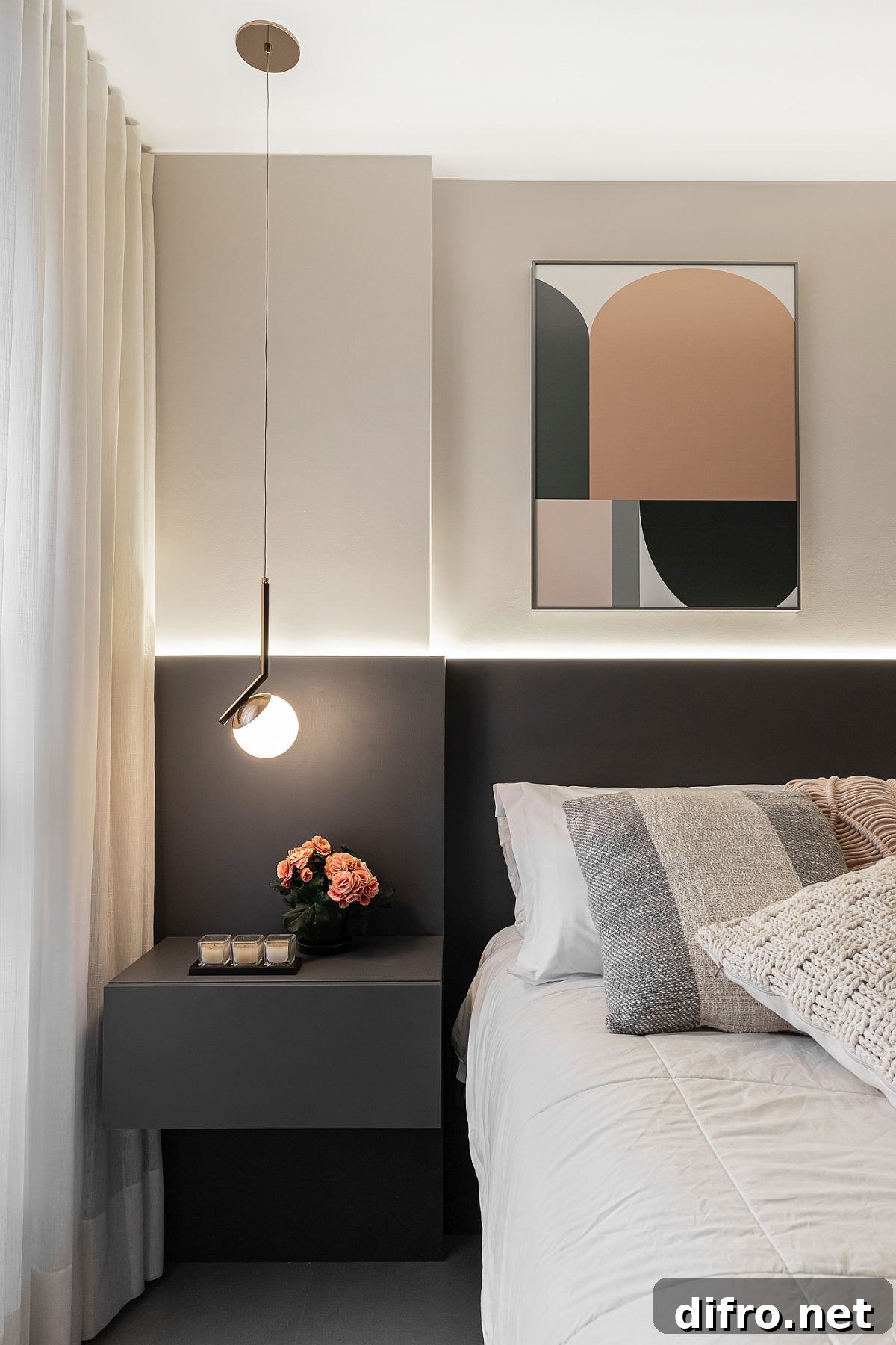 Contemporary bedside pendant light complements the small nightstand