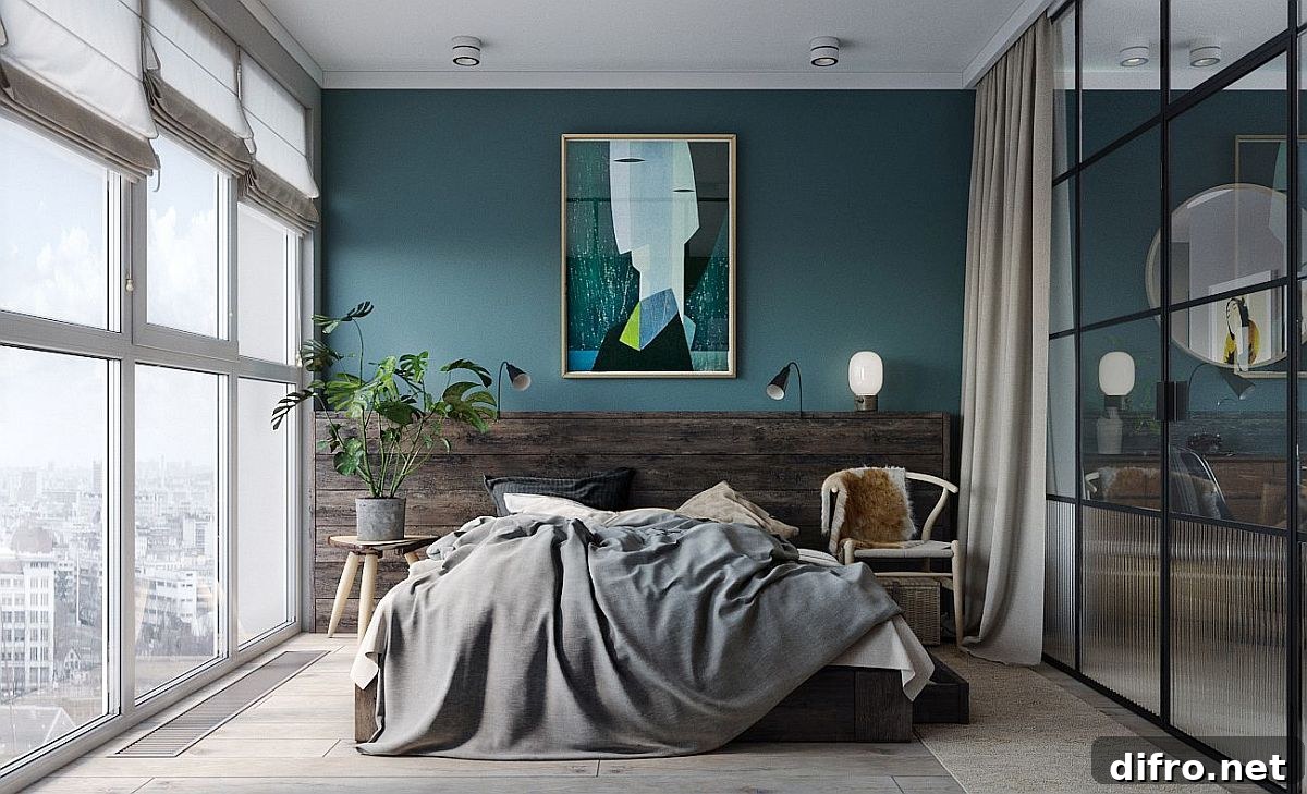 Modern minimal bedroom with bluish-gray accent wall and glass partition