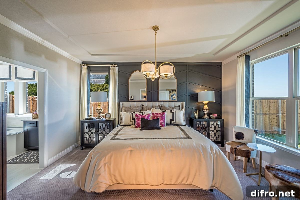 Ornate patterned gray accent wall in a glamorous bedroom
