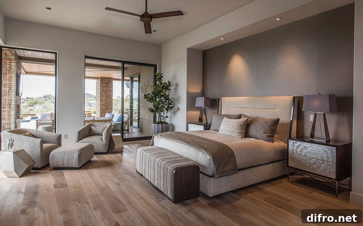 Textured gray accent wall in spacious bedroom