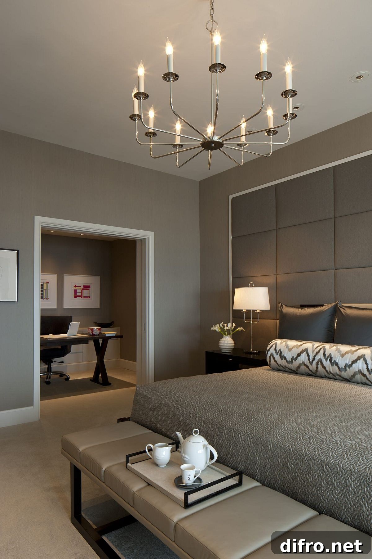 Tufted gray wall-covering for a tonal bedroom