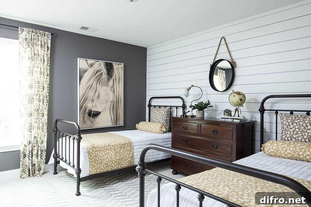Dark gray accent wall in modern farmhouse bedroom