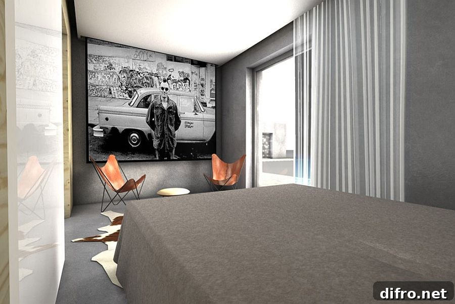 Contemporary bedroom with drop-down screen and projector