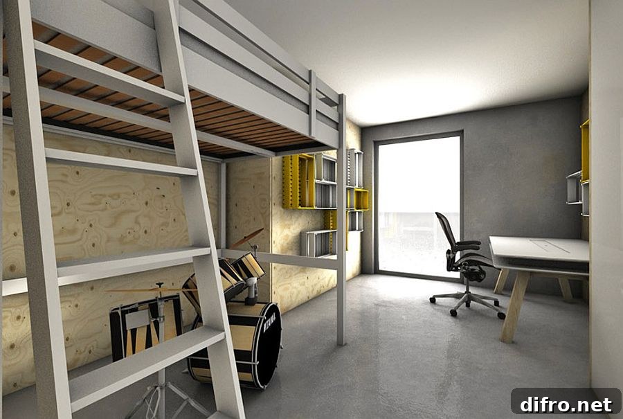 Kids bedroom with loft bed and workstation