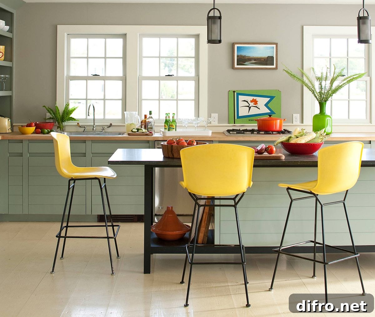 Kitchen with green and yellow accents and decor
