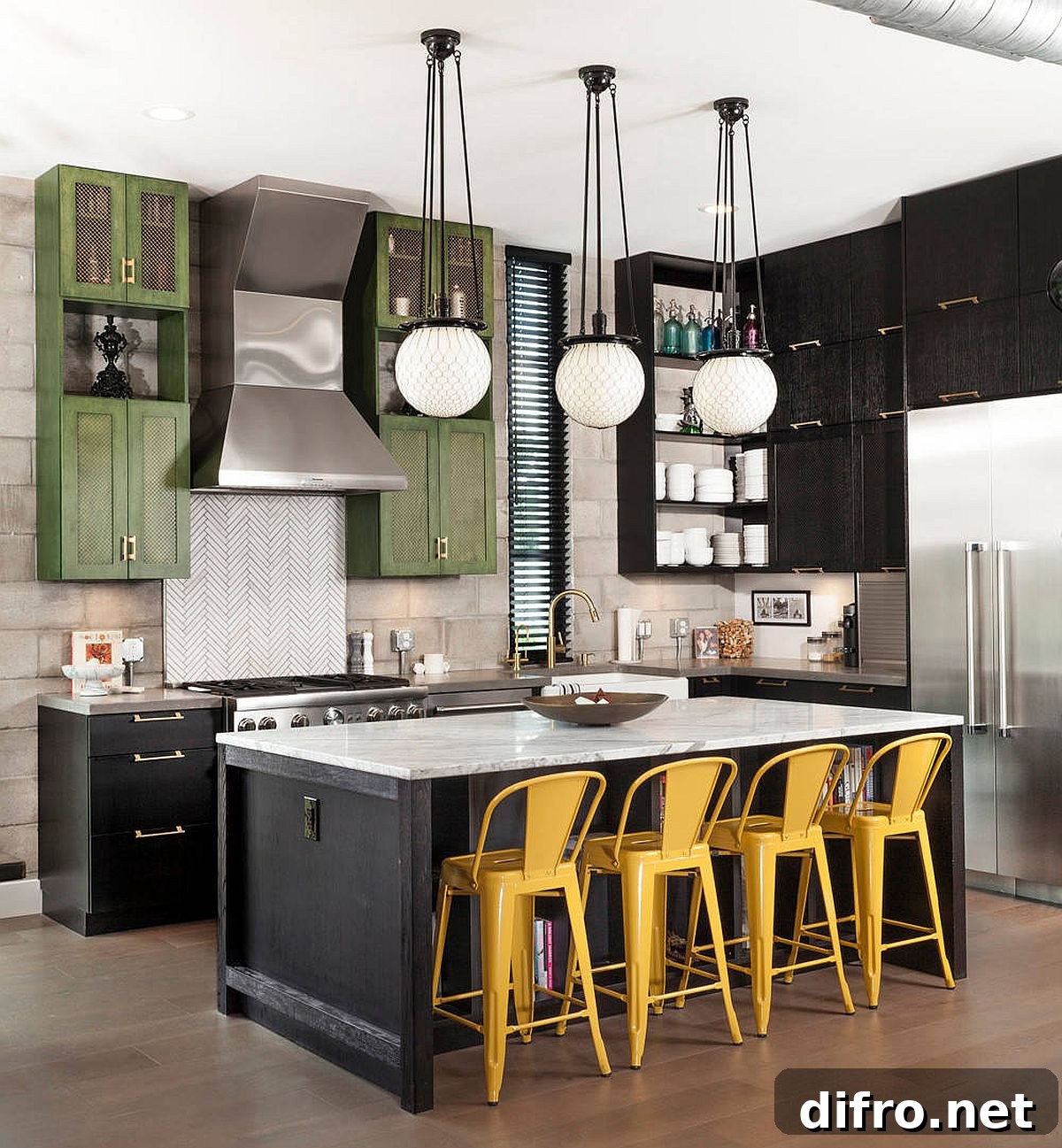 Industrial farmhouse kitchen with yellow bar chairs