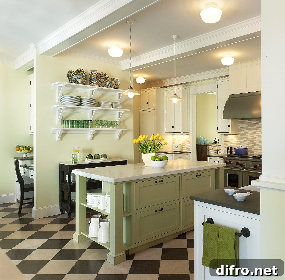 Modern cottage kitchen with subtle yellow and green accents