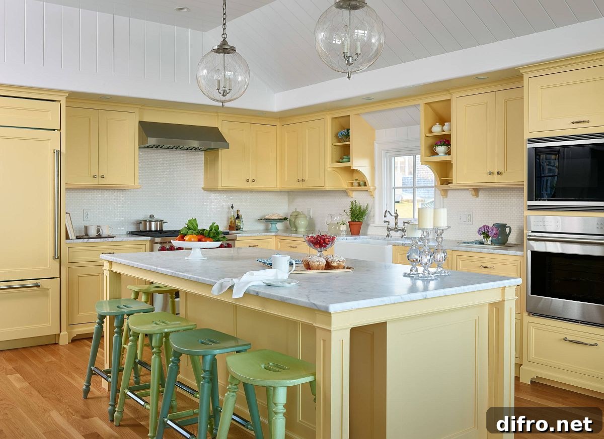 Light yellow beach-style kitchen with green bar stools