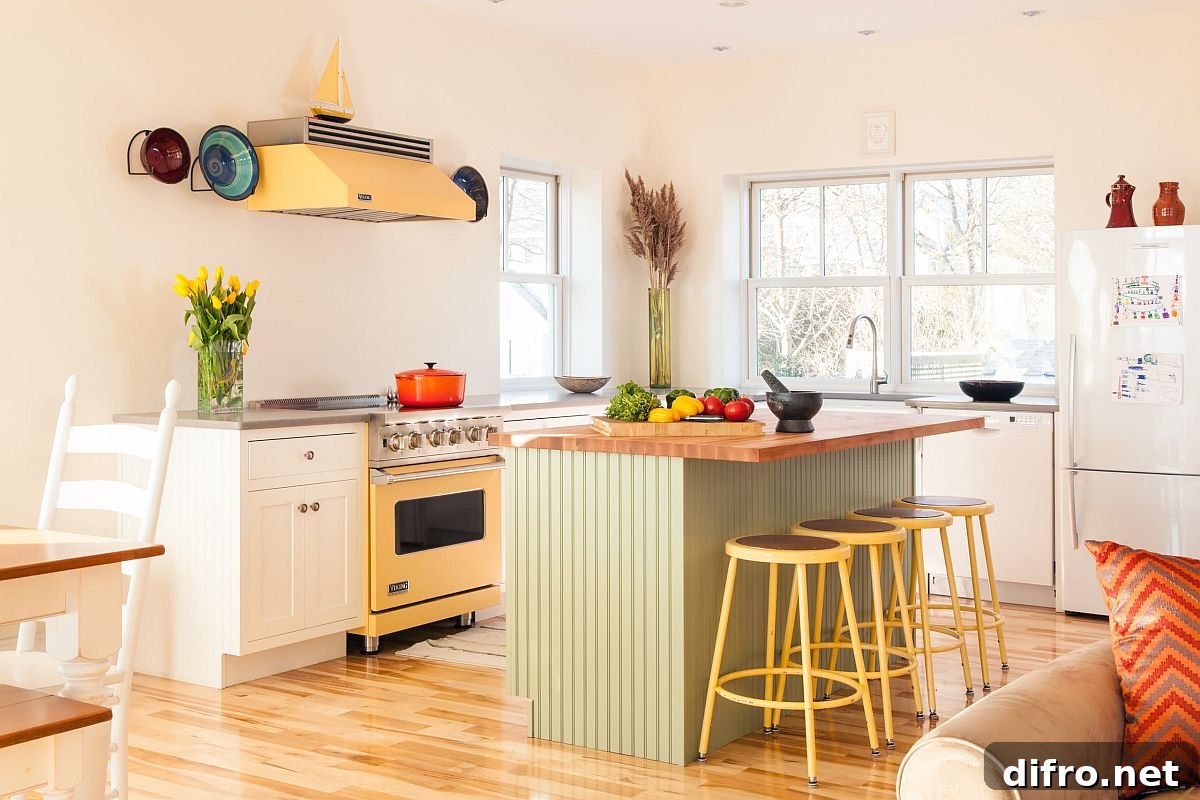 Eclectic kitchen with white backdrop and pastel green and yellow blocks