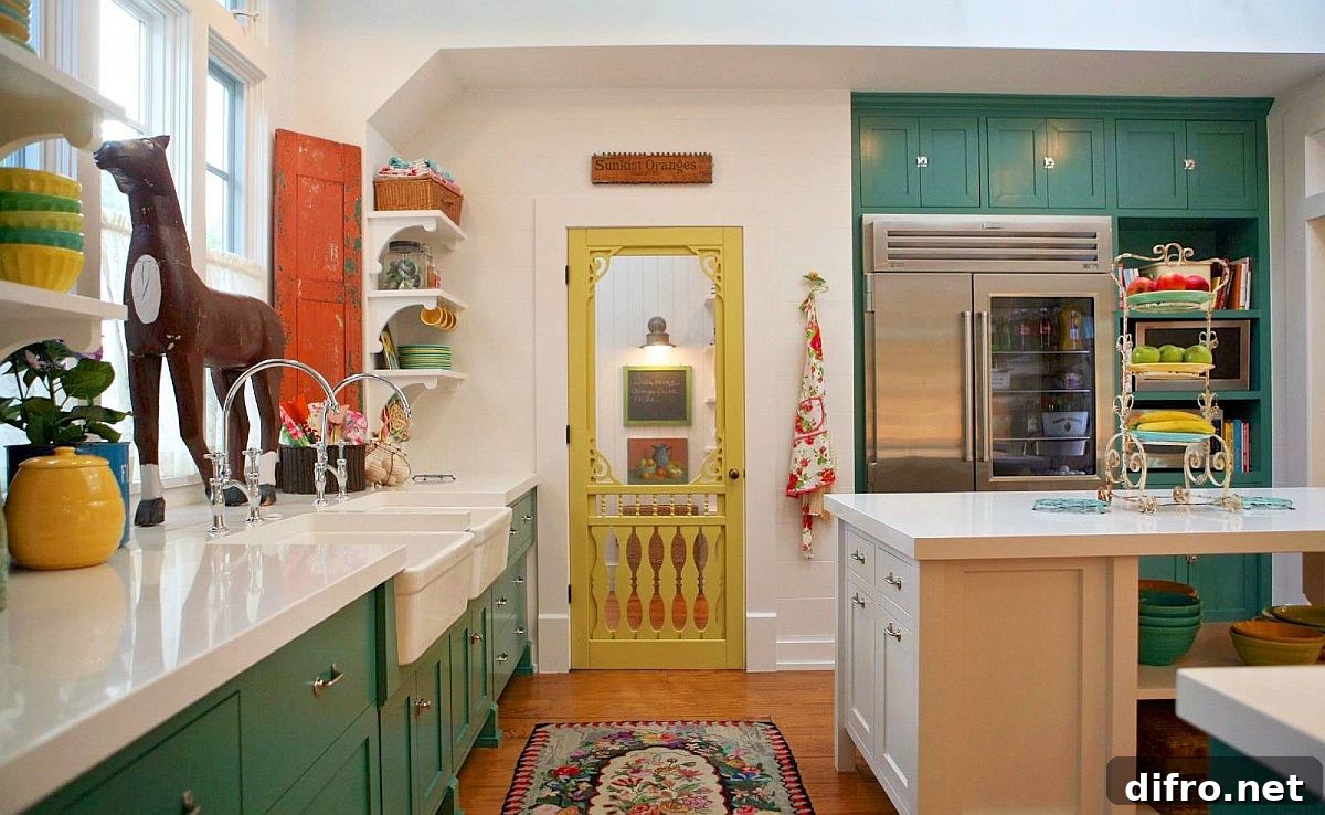 Farmhouse kitchen with green cabinets and a yellow door