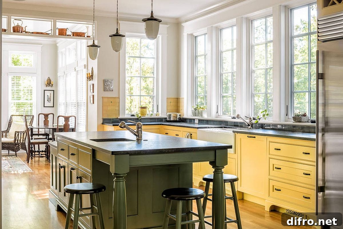 Light-filled kitchen with mellow matte green and yellow