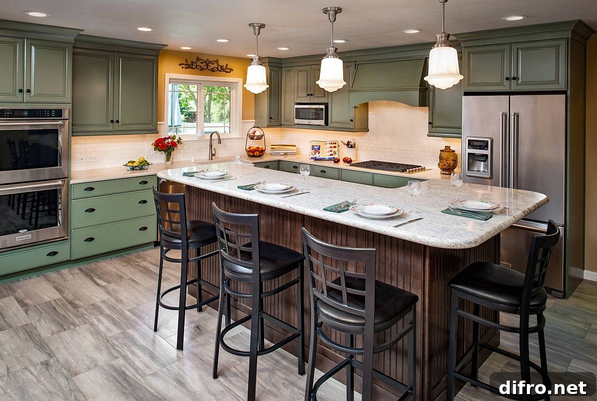 Green cabinets with a dash of yellow around the window