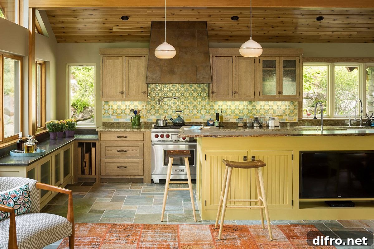 Custom mosaic backsplash with shades of green and yellow