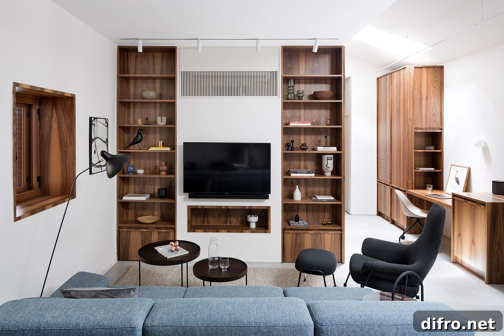 Wooden shelves beside the television
