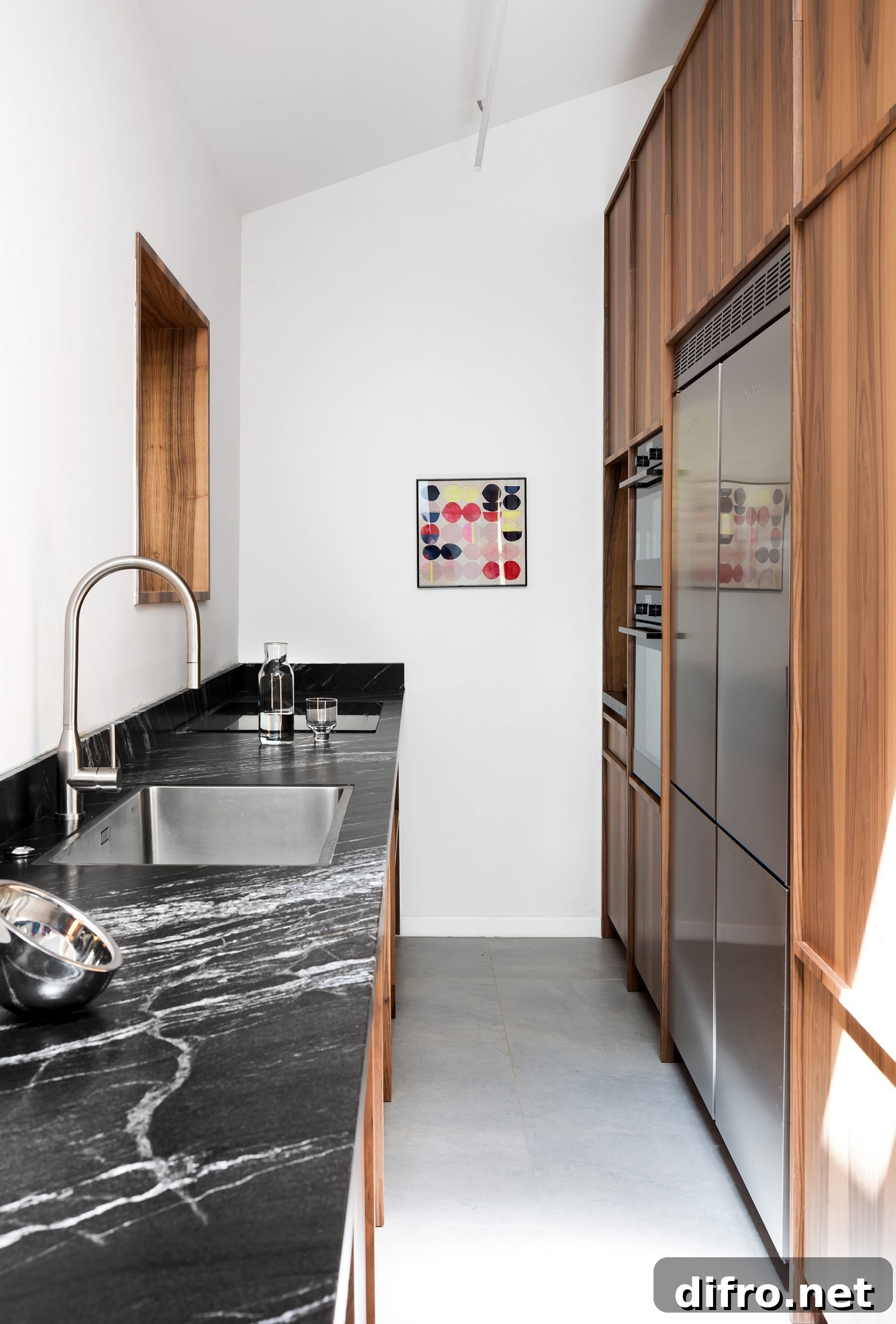Long granite countertop and wooden cabinets