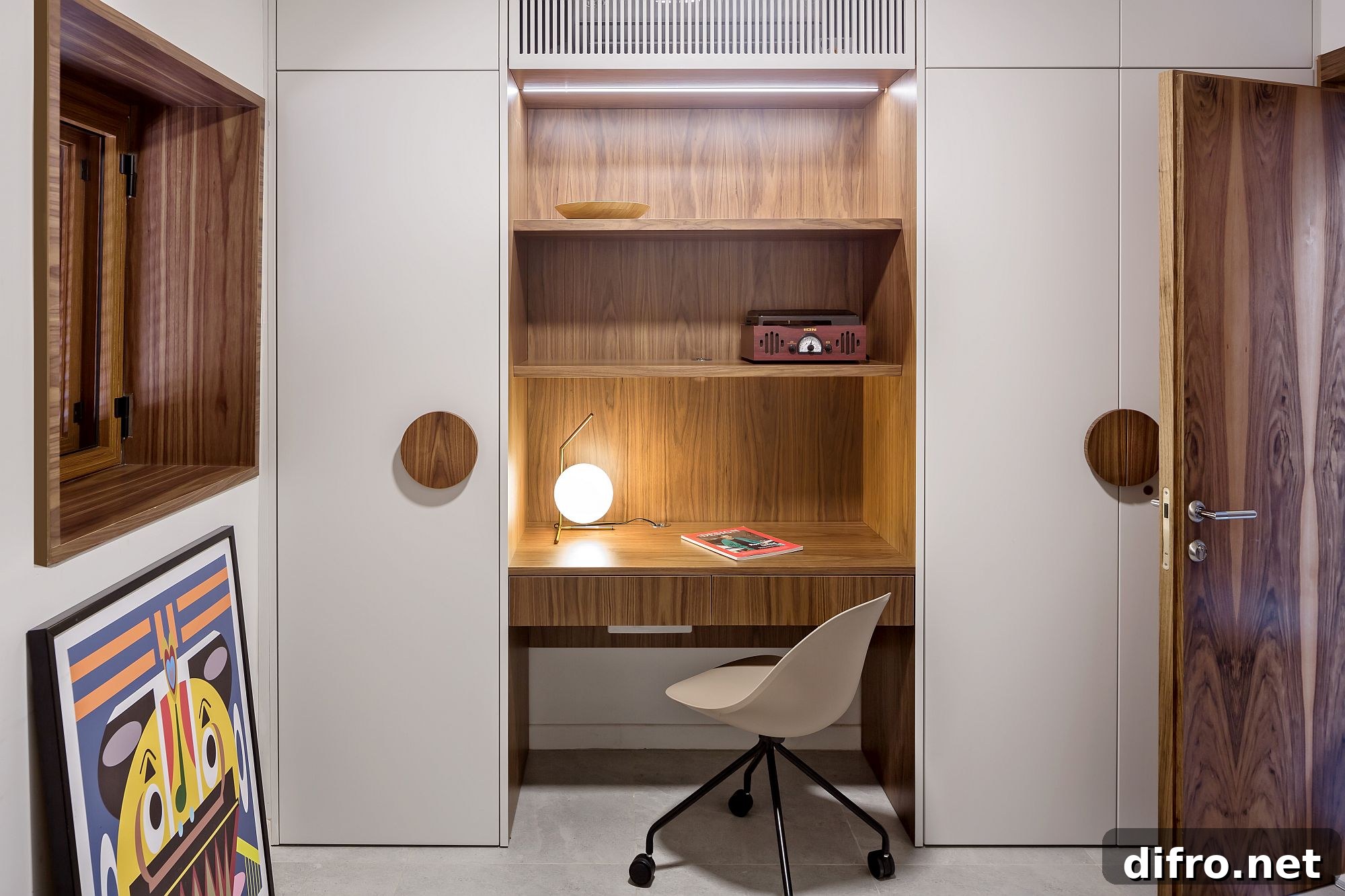 Custom wooden workdesk and shelving