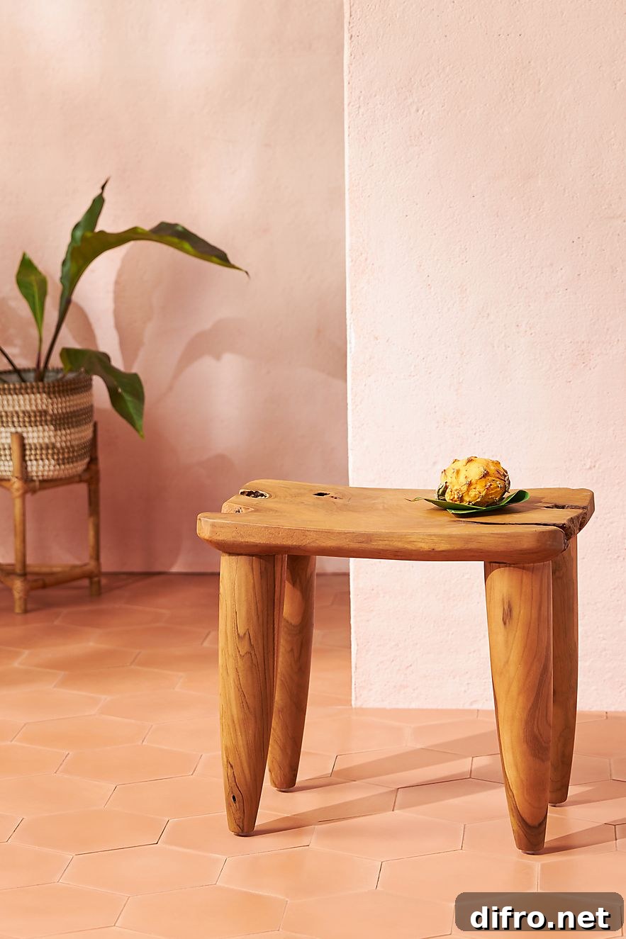 Teak outdoor stool used indoors