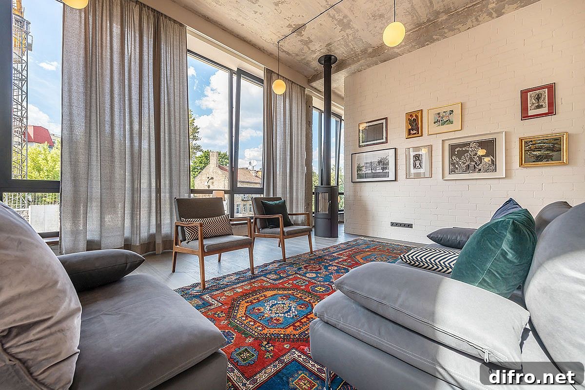 White painted brick wall used as a gallery wall in the modern industrial living room with a colorful rug