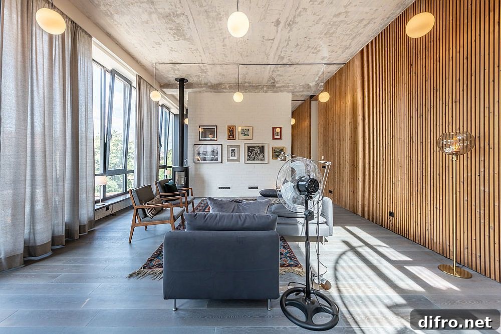 Wooden wall in the living area and entry brings warmth to the space alongside concrete and metal finishes