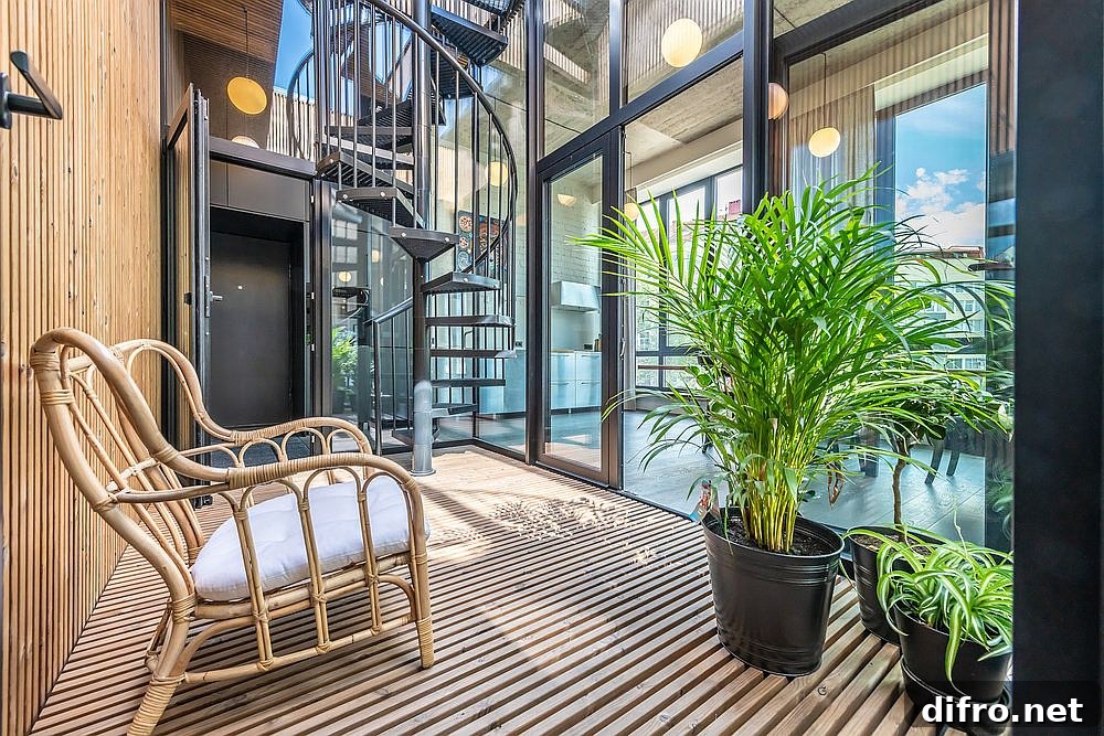 Spiral staircase connecting the lower studio with the apartment above