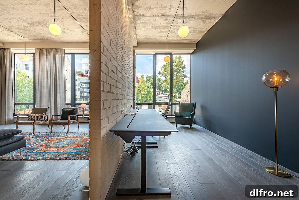 Workspace with polished dark gray walls for a modern feel within the converted warehouse apartment