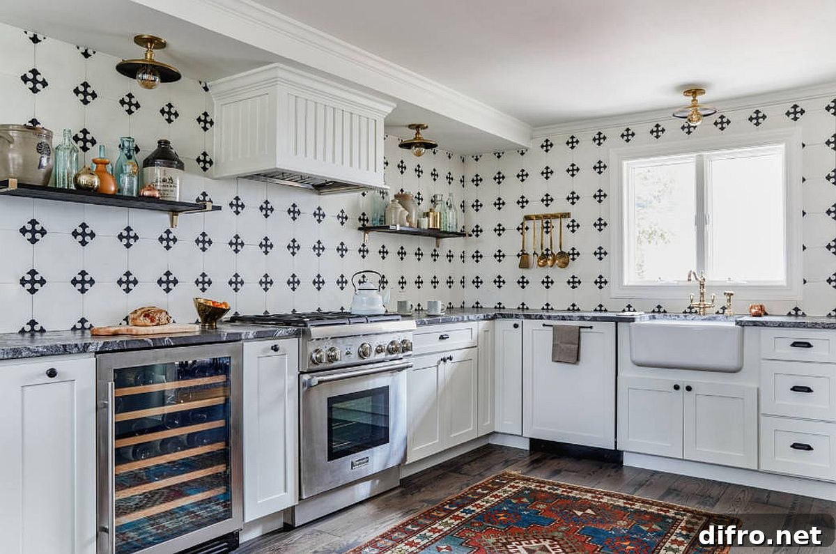 Patterned tiles and a colorful rug make a strong visual statement