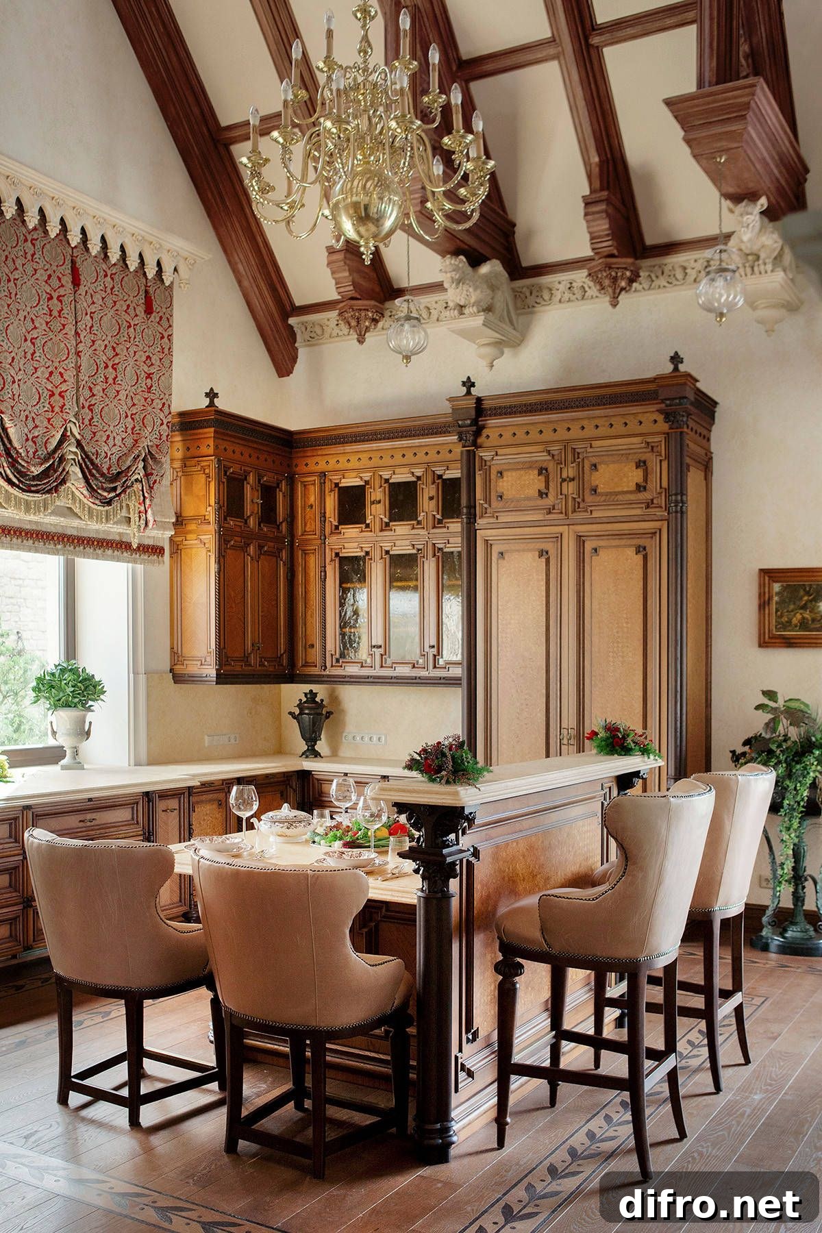Eat-in kitchen with wooden ceiling beams and period-inspired styling