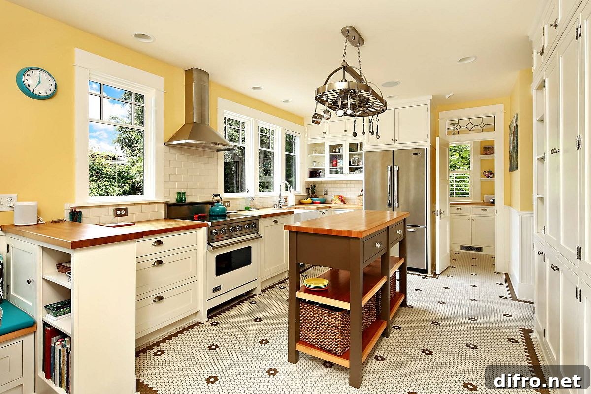 White and yellow modern Victorian kitchen for a home with rich Victorian-era heritage