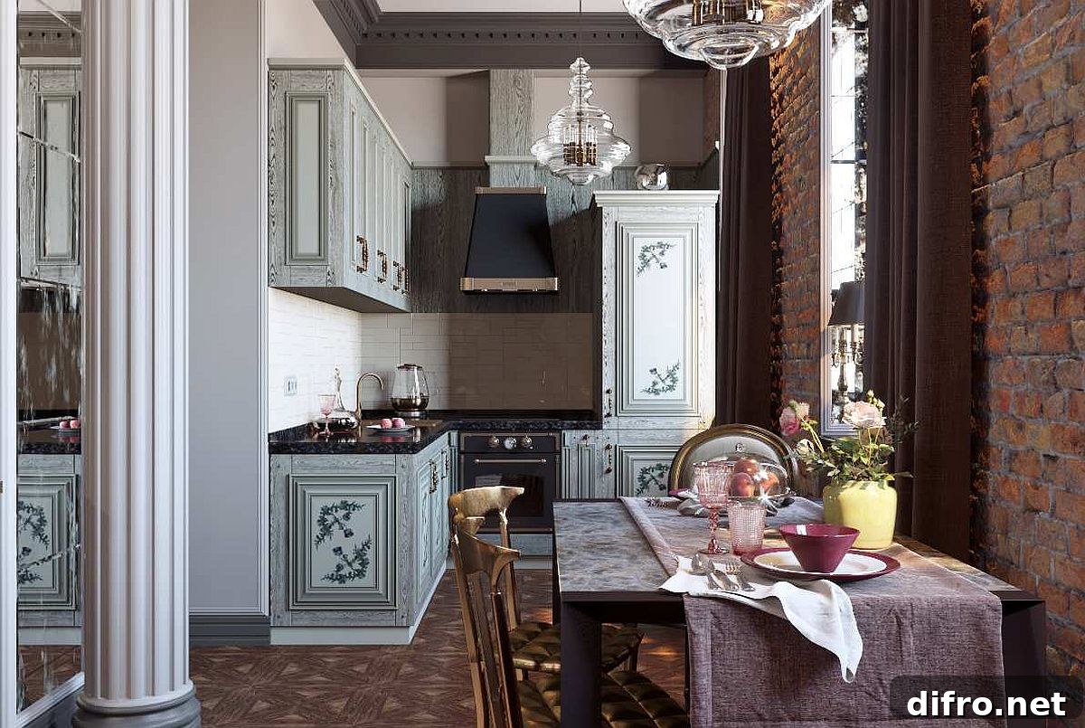 Exposed brick brings an edgy contrast to an Industrial-Victorian kitchen