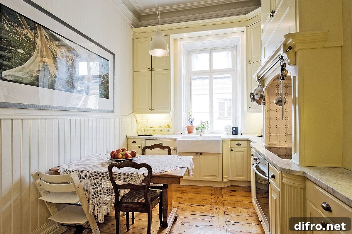 Cozy eat-in kitchen with marble countertops in Stockholm