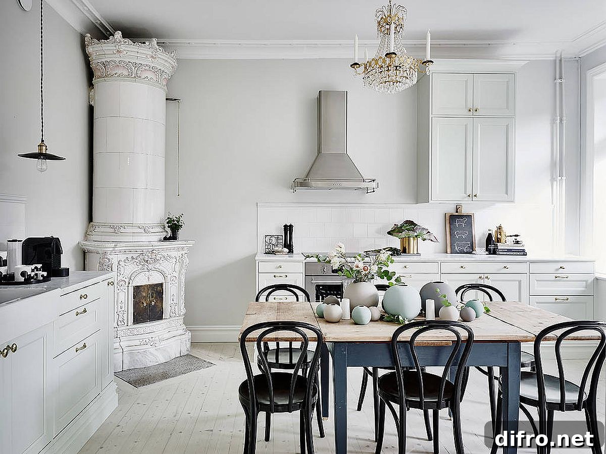 White kitchen blending Victorian and Scandinavian influences