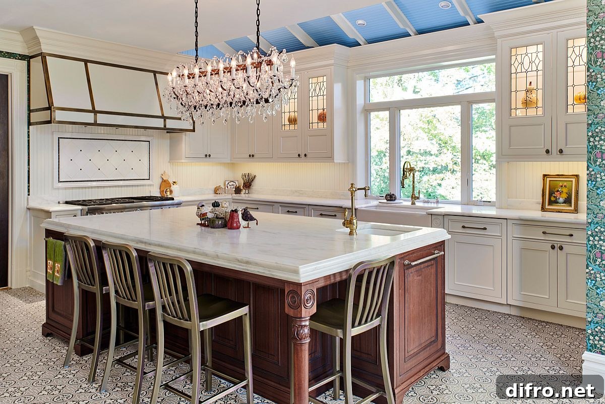 Classic Victorian flavor in a modern New York kitchen with color, tiles and chandelier