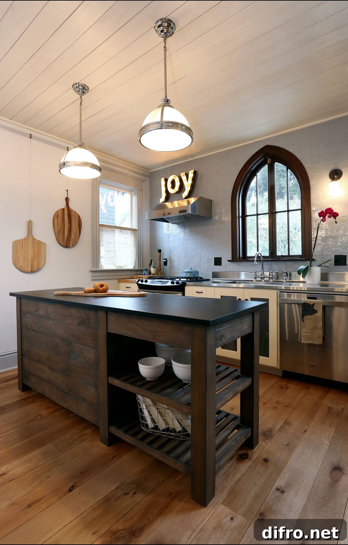 Modern eclectic touches fused with Victorian style in this kitchen