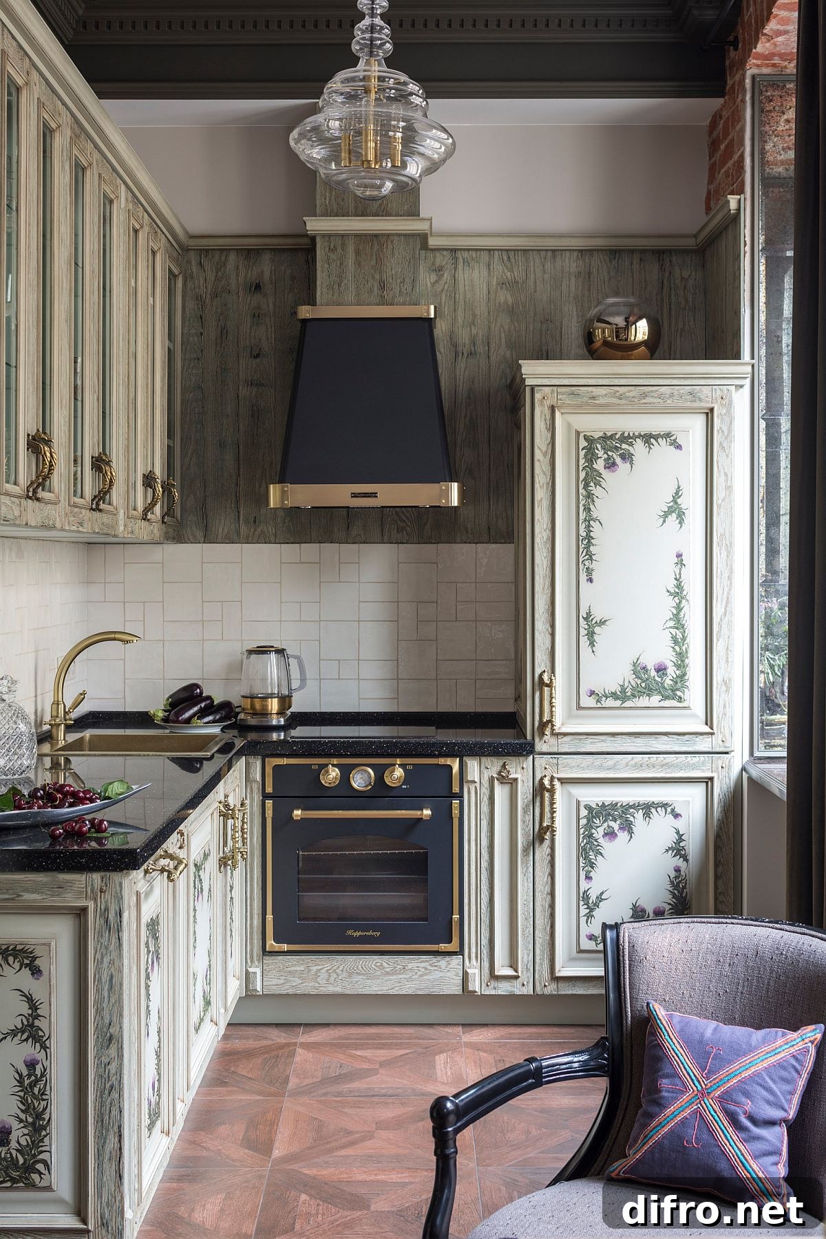 Ornate cabinet patterns with copper trims for hood and appliances