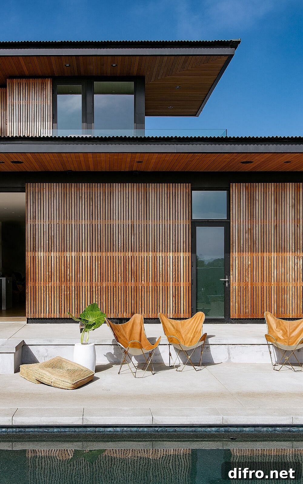 Butterfly chairs on a deck next to the pool