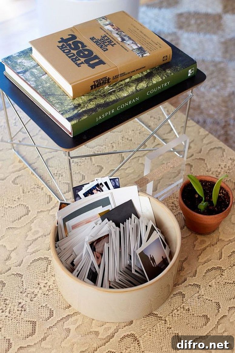 Small side table styled with books in the living room