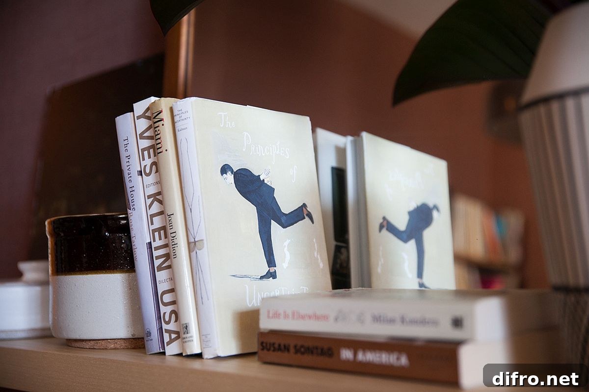 Open bookshelves styled with books and vases
