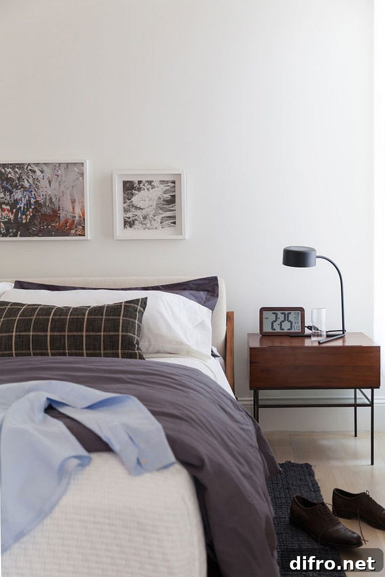 Main bedroom in white with a slim wooden side table
