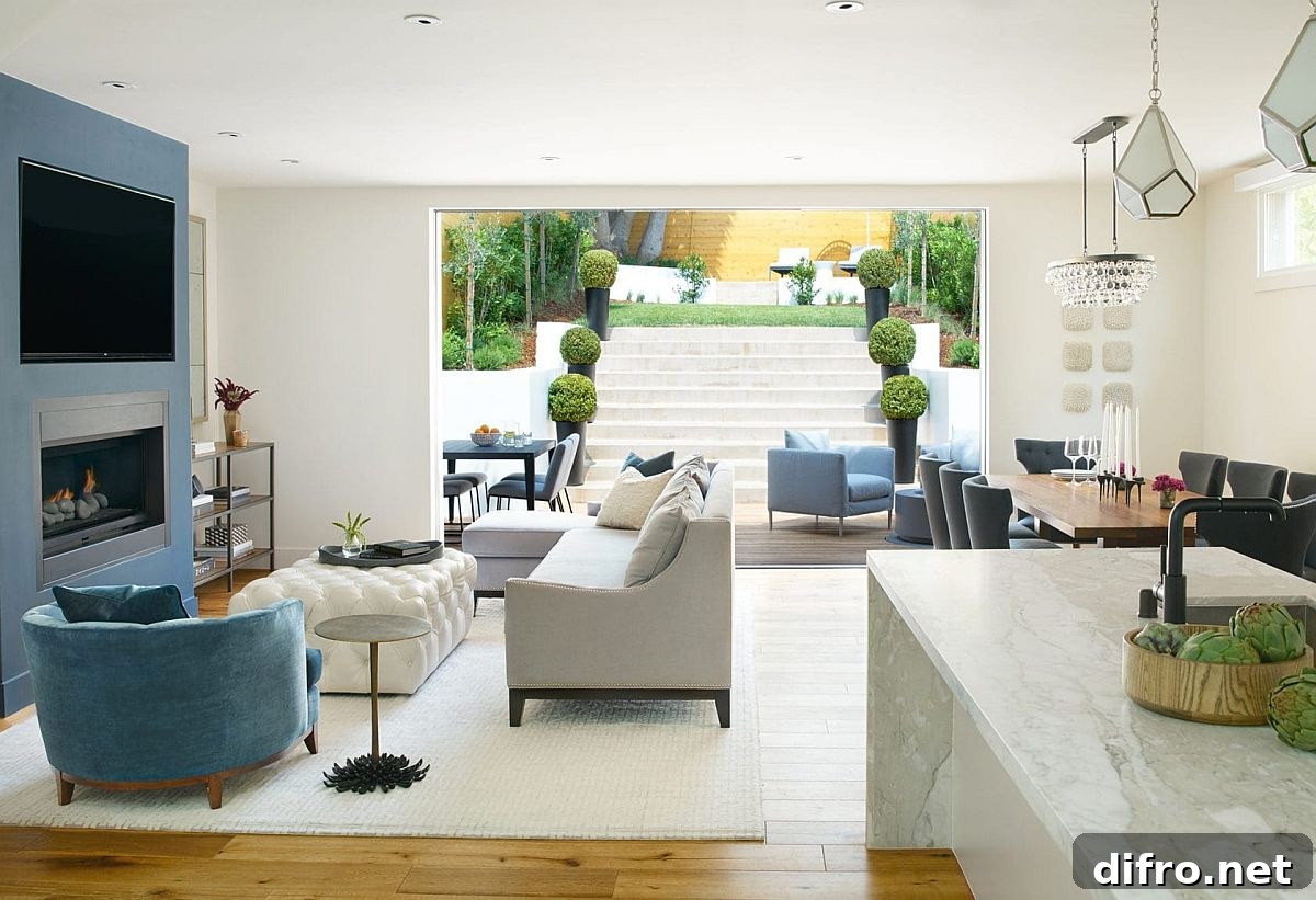 Tufted leather ottoman and sectional the modest living area connected with the garden outside