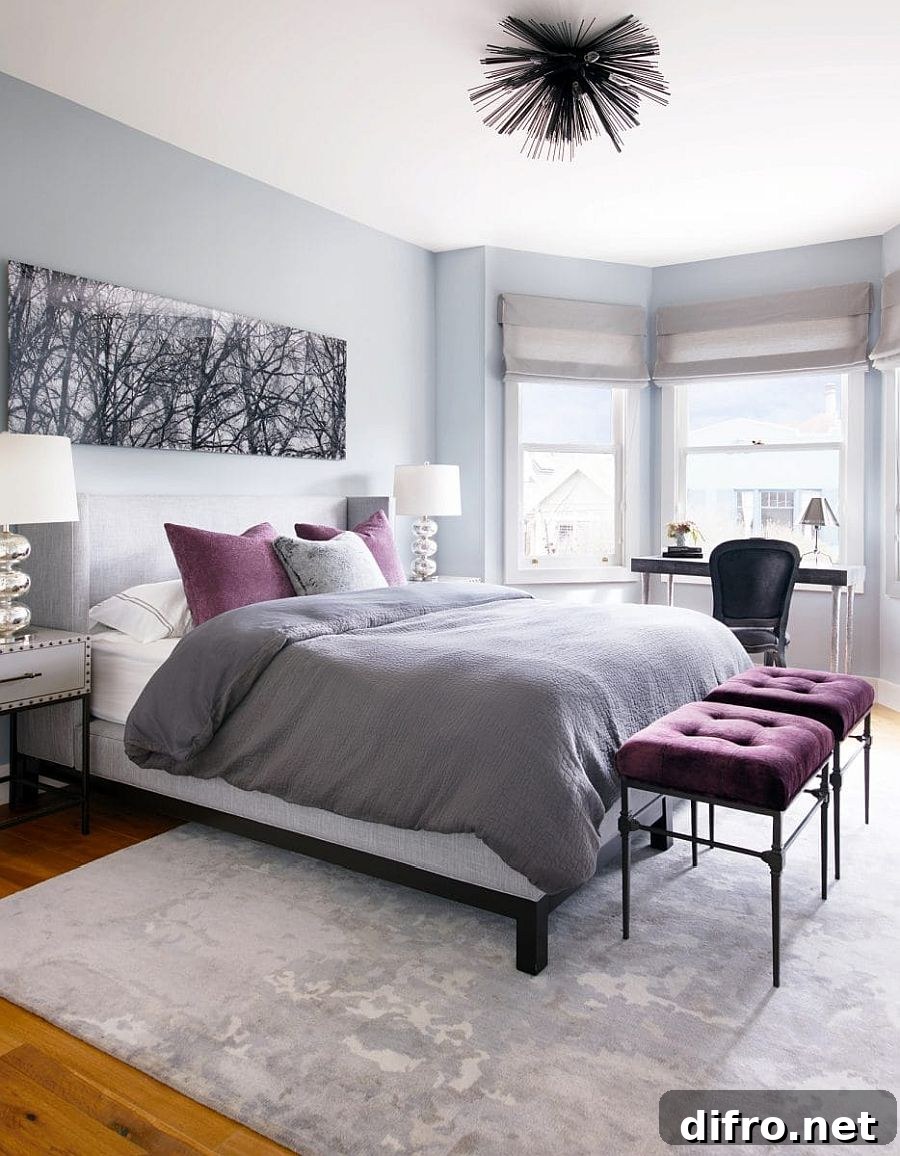 Purple accents in bedroom uplift gray and white decor