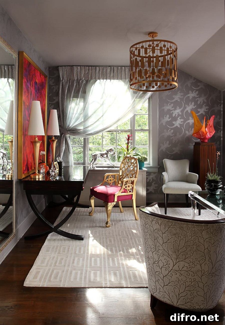 Bedroom workspace with Victorian touches and gold accents