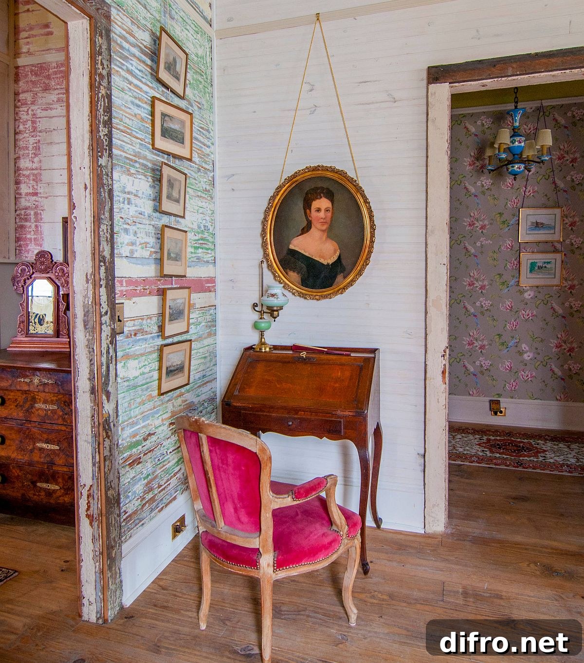 Tiny eclectic home workspace with Victorian and farmhouse touches and a dash of pink